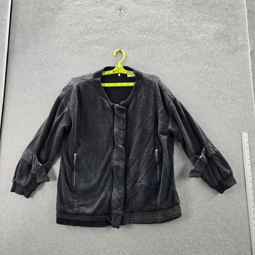Free People Women Jacket M Black Bomber Zipper Ribbed Quilted Long Sleeve